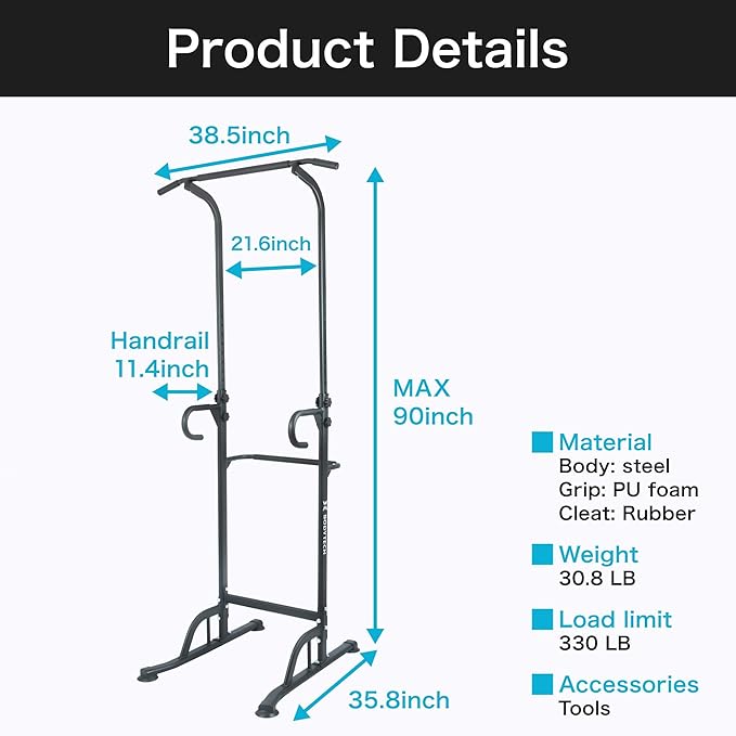BODYTECH Power Tower Dip Station for Home Gym Workout, Fitness. Pull up Bar Stand for Muscle Training. 330LBS Black BTS91NH006A