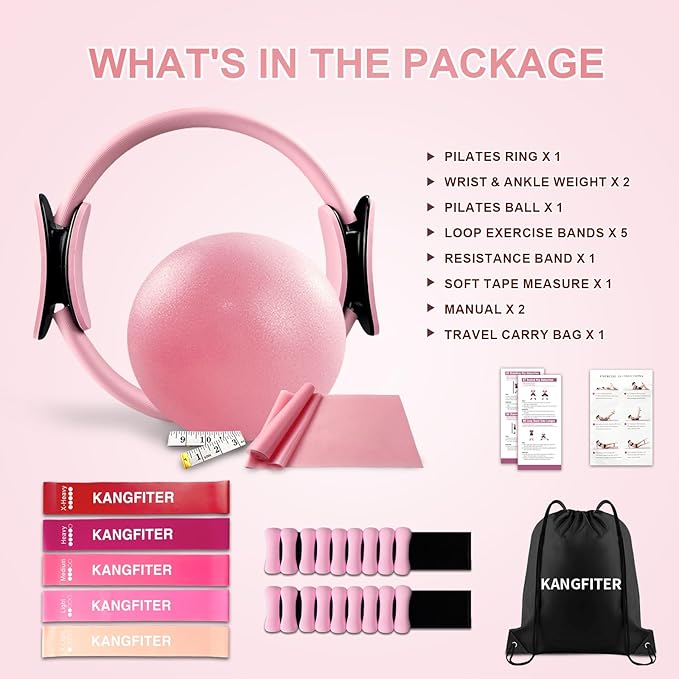 Pilates Equipment Kit for Home Workout, Pilates Ring and Ball Set with Adjustable Ankle Wrist Weights, Resistance Bands, Tape Measure, Bag, Pilates Essentials Accessories for Women Yoga