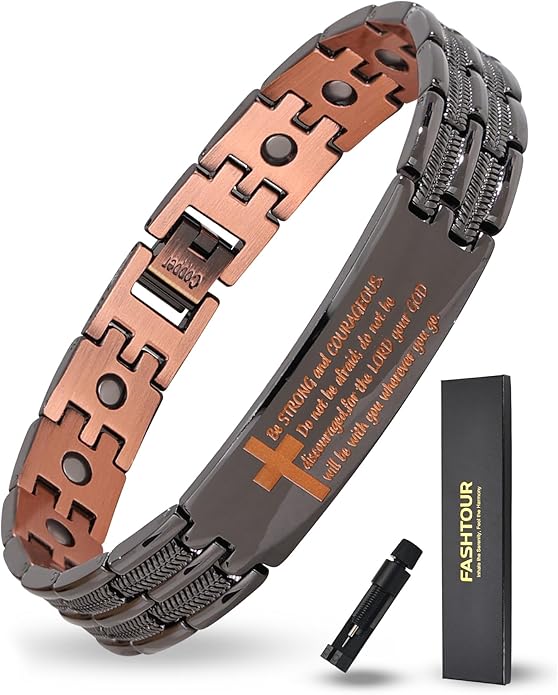 Magnetic Bracelet and Ring Set for Men, 99.99% Pure Copper Jewelry, Adjustable Cross & Celtic Knot Design, Gift for Dad