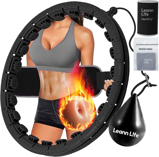 U2 Black-32 Knots 19”- 65”, Detachable & Size Adjustable Weighted Hula Hoop for Kids Adults Weight Loss, Infinity Hoop Plus Size, Abdominal Toner,5 Color Balls, Free Waist Trimmer&Wash Bag
