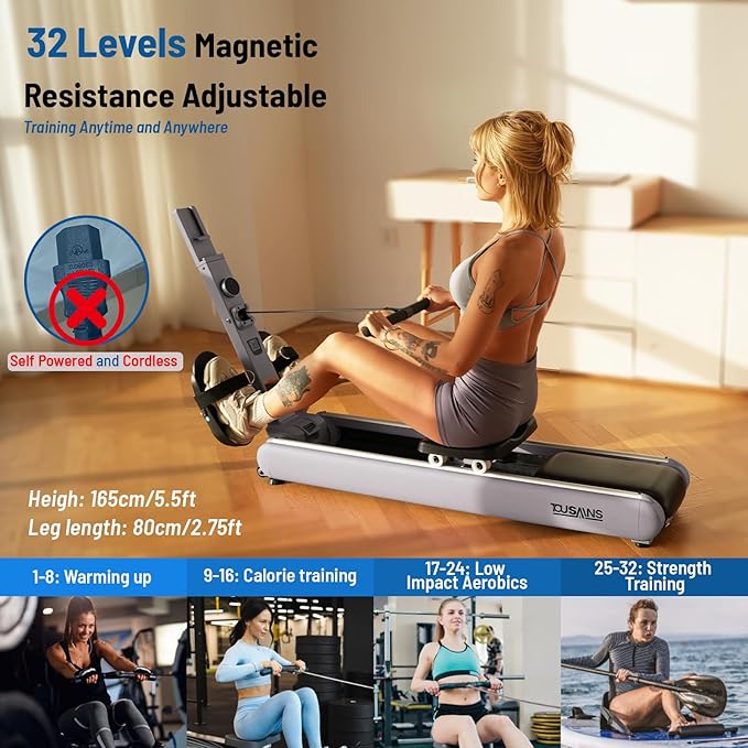 TOUSAINS Self-Powered Rowing Machine, Magnetic Folding Rowing Machine for Home with 32 Resistance Levels, Quiet Dual Rail Foldable Rower for Full Body Workout