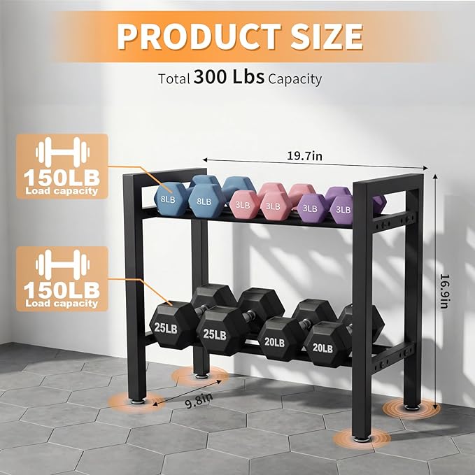 Dumbbell Rack 2 Tier 19.7 IN Adjustable Weight Rack For Home Gym, 300LB Total Capacity, 150LB Per Shelf Heavy Duty Dumbbell And Kettlebell Storage Stand, Stable Space Saving Rack (Rack Only)