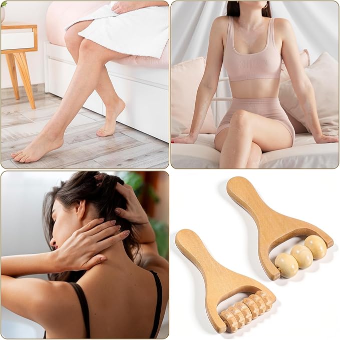 2 PCS Wooden Massage Roller, Wood Bead Massage Tools, Manual Wooden Muscle Foot Roller Massage for Leg Thigh Arm Body Muscle Tissue Pain Relief