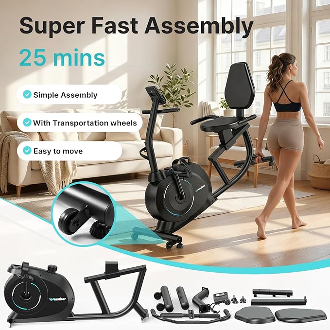 Recumbent Exercise Bike for Home with App Sync, 16-Level Magnetic Resistance, Quiet Recumbent Bike with Adjustable Seat & LCD Display for Adults and Seniors