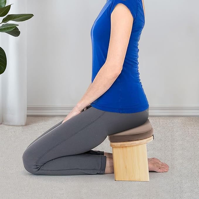 Meditation Bench, Portable Bamboo Meditation Bench Ergonomic Meditation Stool Comfortable Folding Kneeling Meditation Bench with Meditation Cushion for Longer Meditation (Coffee)
