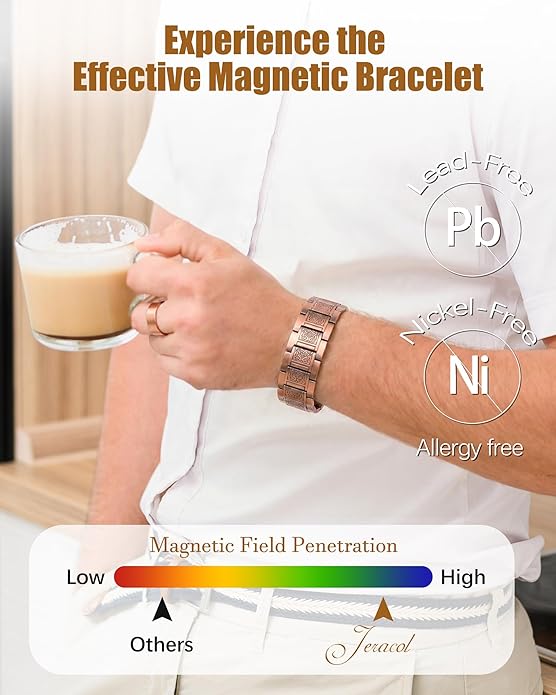3X Strength Magnetic Copper Bracelet for Men - 99.9% Pure Copper Bracelet & Ring Set - Premium Fold-Over Clasp and Adjustable Length Sizing Tool & Jewelry Box