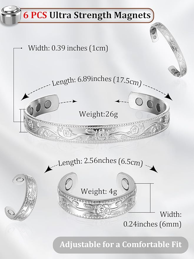 BioMag Lymphatic Drainage Ring & Copper Bracelet, 99.99% Pure Copper Magnetic Bracelet & Ring with Built-in 3500 Gauss Magnets, Adjustable Size, Floral Vine Pattern