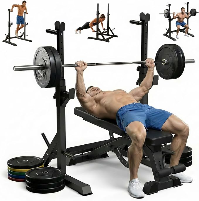 Adjustable Bench Press Rack Stand, 700lbs Heavy Duty Barbell Rack with Dip Station and Push Up Handles, Width Adjustable for 6ft 7ft 8ft Bars - Home Gym Strength Training Infrastructure