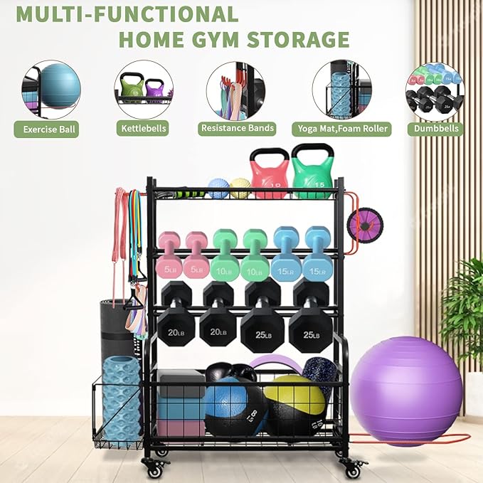 Pro-Series Mobile Dumbbell Rack & All-in-One Gym Storage Organizer with Locking Wheels, Adjustable Shelves & 400LB Capacity