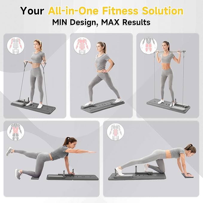 COSIEST Pilates Board for Home Use, Foldable Pilates Reformer Set with Resistance Bands, All-in-One Professional Workout Fitness Equipment for Core, Abs, Glutes, Legs, Butt, Arms Toning