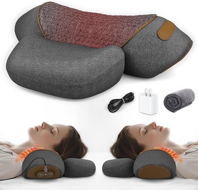 3-in-1 Neck Massager Pillow with Heat & Traction, Deep Tissue Cervical Traction Device for Neck Hump Corrector, Shoulder & Upper Back Pain Relief, Relaxing TheraPillow Support
