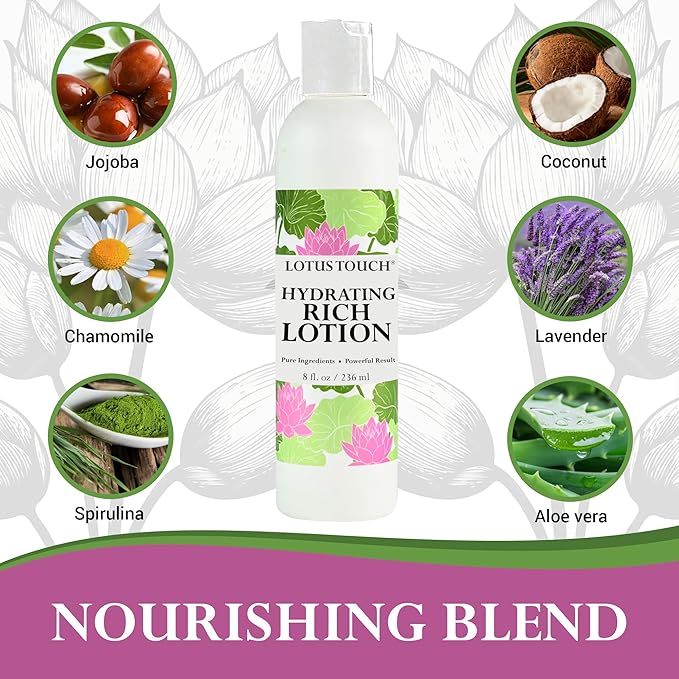 Hydrating Rich Massage Lotion by Lotus Touch - 100% Pure Jojoba & Coconut Oils Plus Herbal Extracts - Unscented - Max Glide, Rich Workability Without Stickiness - Deep Tissue Massage - (8 Ounces)