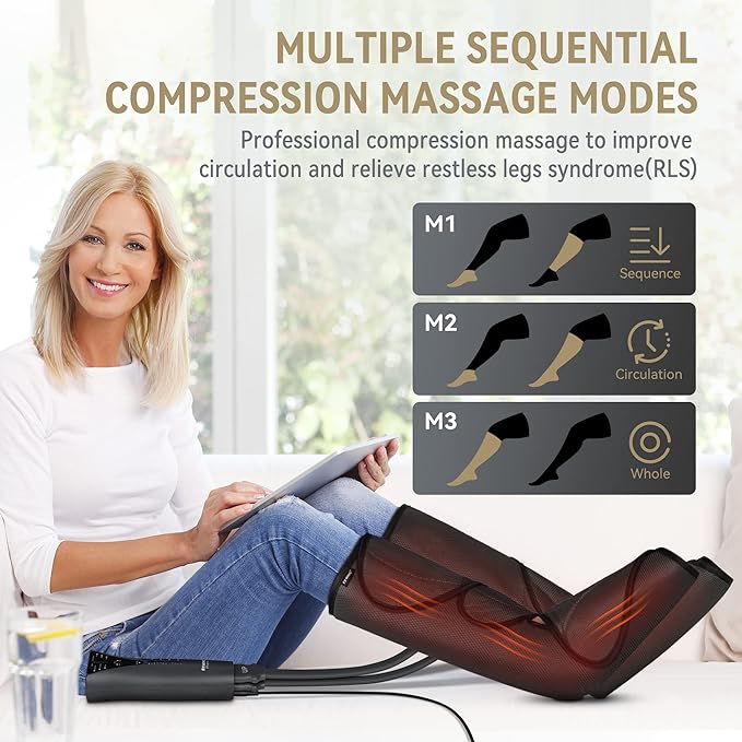 FIT KING Air Compression Leg and Foot Massager with Heat for Circulation and Pain Relief Helpful for Swollen Legs Edema RLS - Great Gift for Women Parents Friends