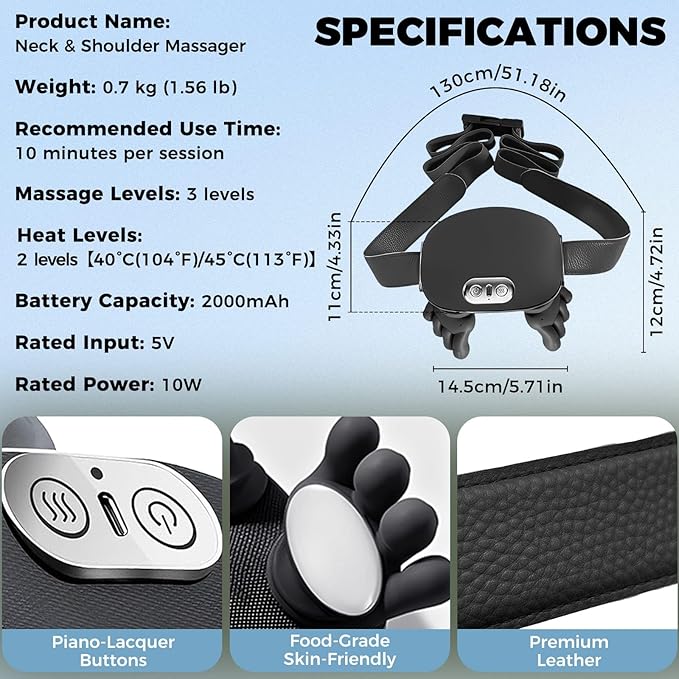 Shoulder & Neck Massager with Heat, 4D Bionic Heated Neck Massager with Fingers Simulates a Real Palm Massage for Comfort, 3 Intensity Levels + 2 Heat Settings Relax Muscle Tension