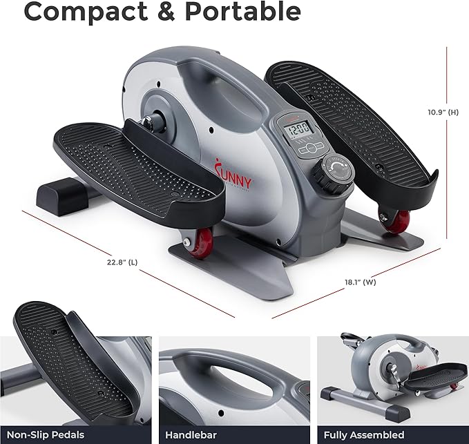 Sunny Health & Fitness Under Desk Elliptical Machine, Portable Sitting or Stand Peddler Exerciser for Seniors Home Office, SunnyFit App Access via Bluetooth with Optional Handlebar or Resistance Band