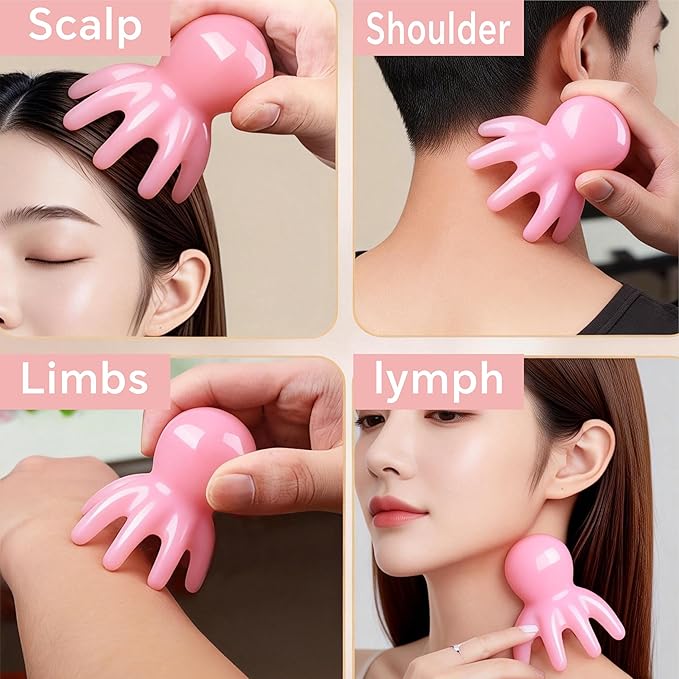 4 Pcs All-in-One Head Massager Set: Scalp Comb, Gua Sha, Octopus & Five Claw Tool for Stress Relief, Relaxation, Acupressure - Gift for Christmas, Birthday, Mother's Day, Father's Day (Pink)