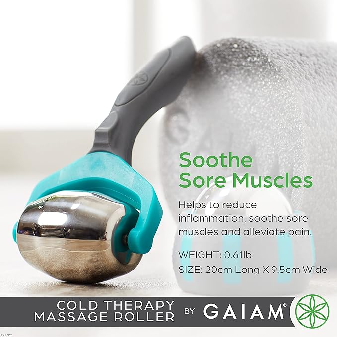 Gaiam Restore Cold Therapy Massage Roller - Easy-Glide Massage Ball Roller with Sure-Grip Handle - Muscle Massage Tool to Help with Sore Muscles, Neck, and Back Pain - Compact and Lightweight