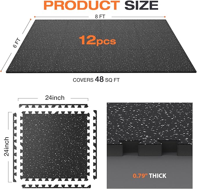 0.79'' Thick 12 Pcs 48 Sq Ft Non-Slip Rubber Top Exercise Equipment Mats, High Density EVA Foam Mats with Rubber Top, Interlocking Puzzle Gym Flooring for Home Gym, Workout Floor Mats,Black