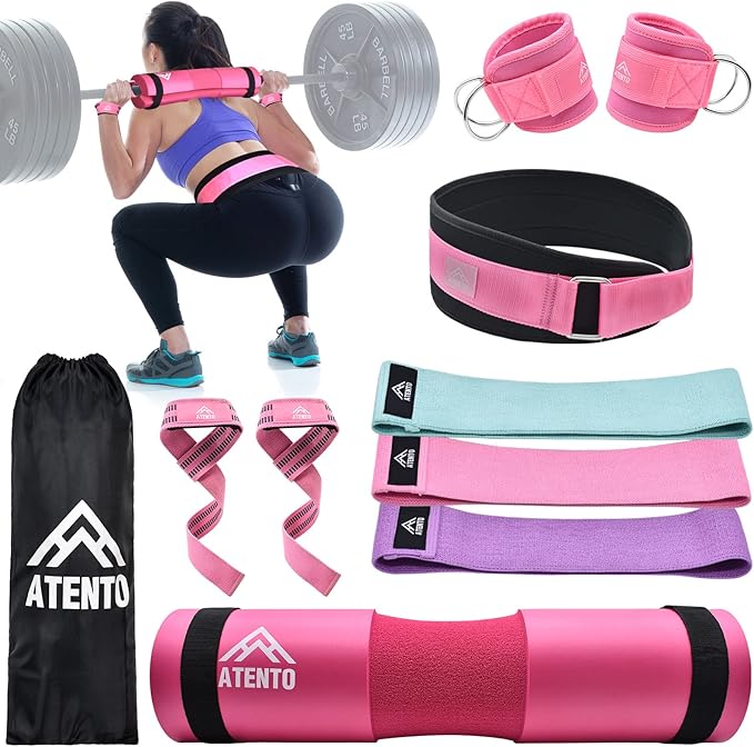 ATENTO 10Pcs Barbell Pad Set with Weight Lifting Belt, Thick Cushion Hip Thrust Pad for Bench Press, Lunges, Workout, Leg Exercise, Squat Bar Pad for Relief Pressure from Neck & Shoulder for Smith machine & Olympic Bars, with 2 Gym Ankle Straps, Hip Re...