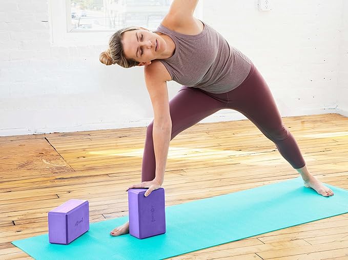 Sol Living Yoga Blocks 2 Pack High Density EVA Foam Yoga Cushion Stretching Pilates Meditation Exercise Equipment Support Deepen Poses Odor Free Non Slip Yoga Accessories - 4" x 6" x 9"- Purple