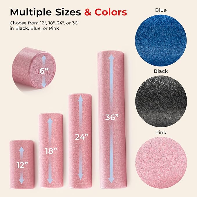 Sunny Health & Fitness High-Density Foam Roller 12" to 36", for Stretching & Muscle Recovery – Black, Blue, Pink