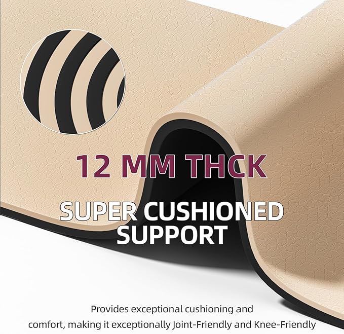 Extra Thick 12mm TPE Exercise Yoga Mat with Strap, 1/2 Inch Non-slip Workout Mat for gymnastics, Pilates, Home, Workout, Gym Floor Fitness