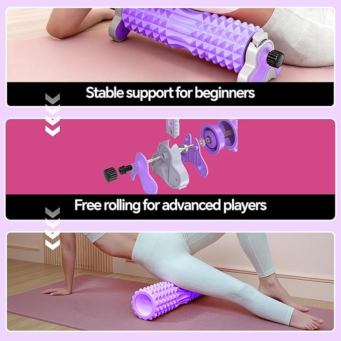 Foam Roller with Detachable Stand, 18” Deep Tissue Massage Roller, 3-Level Height Adjustable Support, Beginner-Friendly Design for Home Workout & Muscle Recovery -Purple