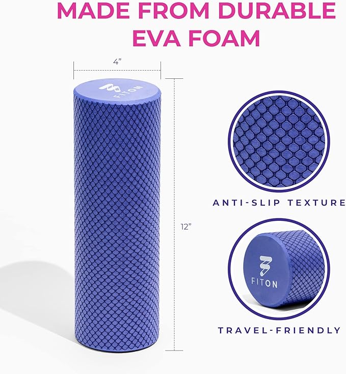 FitOn Recovery Fitness Foam Roller - High Density Travel Exercise Roller for Muscle Recovery, Massage and Deep Tissue Relief - Compact and Portable for Exercise, Travel, and Fitness - 12"x4", Purple