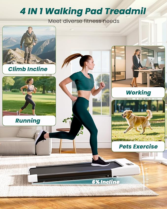 DeerRun Under Desk Walking Pad Treadmill for Home Office & Small Spaces, 6% Manual Incline, 0.6–3.8 MPH Walking Speed, 2.5 HP, 300 lb Capacity, App & Remote Control
