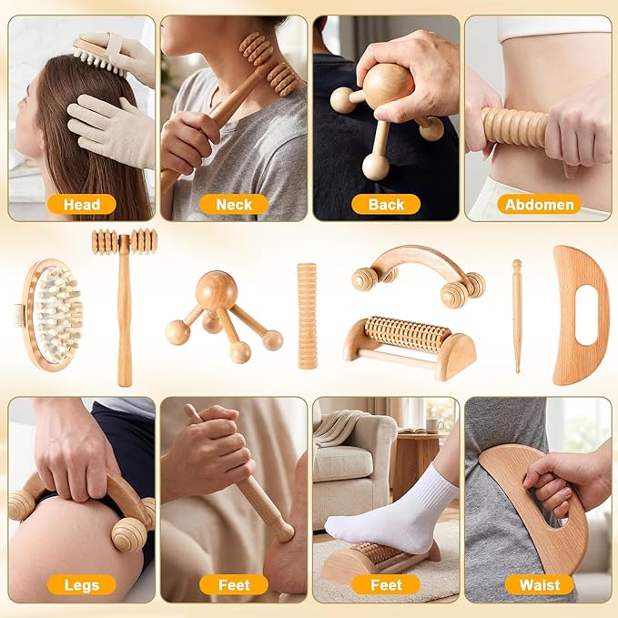 TrelaCo 8 Pcs Wood Therapy Massage Tools Set, Lymphatic Drainage Massager Maderoterapia Kit, Manual Massage Rollers for Muscle Pain Relief, Anti-Cellulite, Body Contouring and Shaping