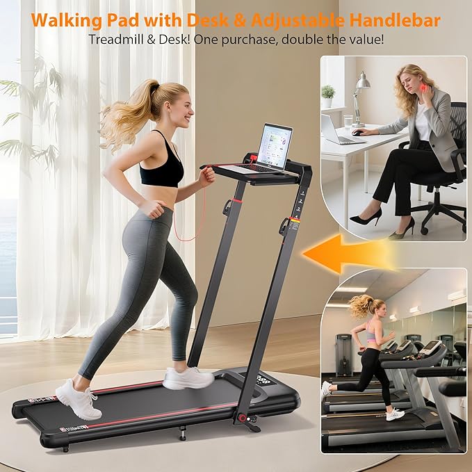 Walking Pad Treadmill with Desk Workstation, 3.0HP Under Desk Treadmills with 8% Incline Handle Bar, Foldable Portable Treadmill for Home Office, 300lbs Capacity, Remote Control, APP