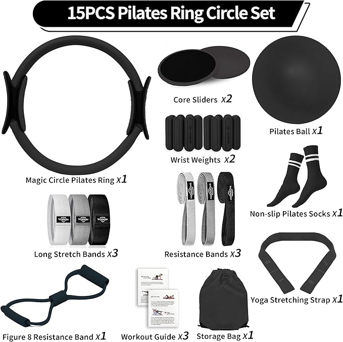 Pilates Essentials Kit for Home Women, Pilates Equipment for Workouts, 6 Fabric Resistance Bands, 12 Inch Magic Circle Yoga Ring, Mini Exercise Ball, Great Exercise Accessories