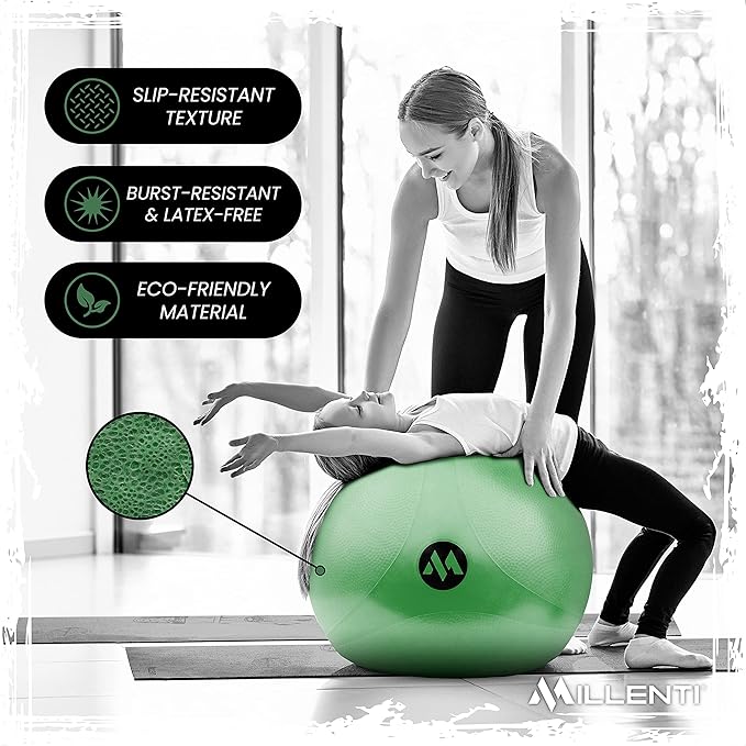 Millenti Exercise Ball Chair 65cm - Yoga Ball Chair Stability Base Ring Kit & Fitness Resistance Bands For Home, Gym Bundle, Pilates Ball, Office Chair, Birthing Ball For Pregnancy - With Workout Chart