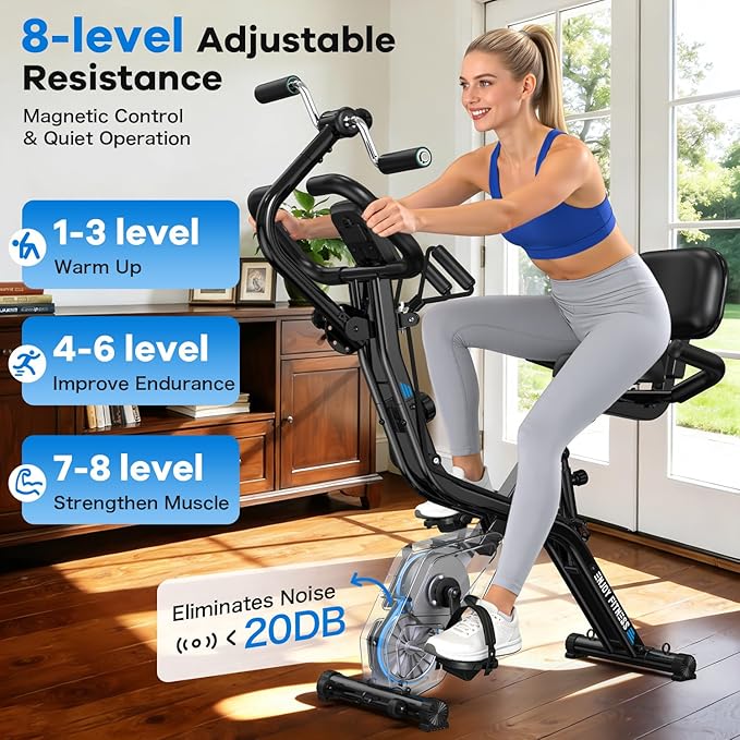 pooboo Folding Exercise Bike, Foldable Upright Stationary Bike, Indoor Cycling Magnetic X-Bike with 8-Level Adjustable Resistance, 6.6 LBS Flywheel, 300LB Capacity, Back Support Cushion for Home Gym