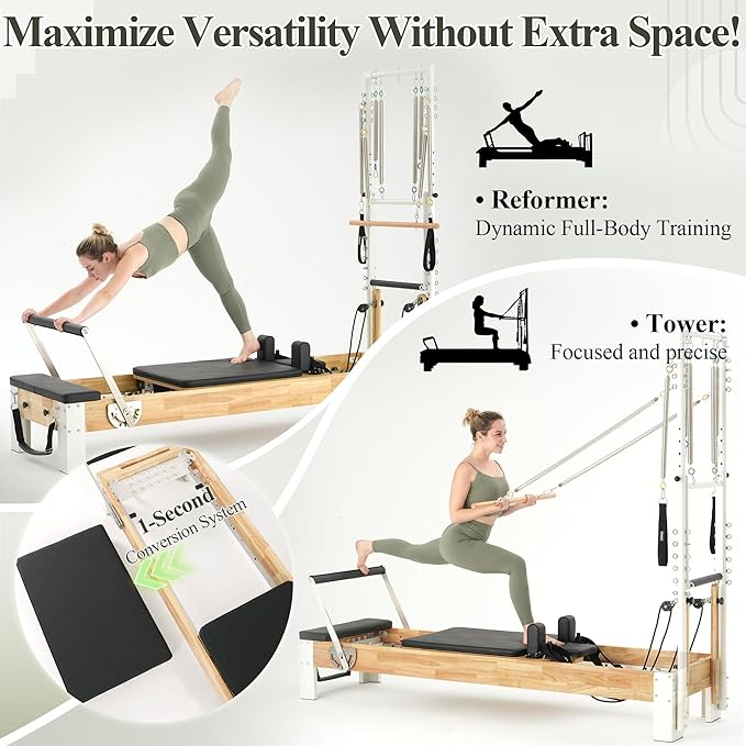 PAETA Pilates Reformer, Wooden Reformer Pilates Machine with Tower & Mat, Pilates Equipment for Home Workout and Studio, Includes Sitting Box, Jumpboard