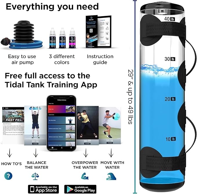 Tidal Tank Tube - The Original Aqua Bag - Water Weight Bag up to 79 lbs - Adjustable Workout Sand Bags Weights Alternative - Portable Sandbag Fitness Equipment Set, Home Exercise Gym - Including App