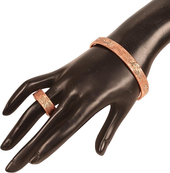 Handcrafted Copper Magnetic Hand Forged with Solid and High Gauge Tibetan Style Minimalistic Elegance Copper Bracelet and Matching Ring.