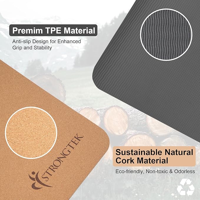 StrongTek Cork Yoga Set – Eco Yoga Mat + XL Foam Wedge Blocks, Non-Slip, Supportive & Cushioned for Hot Yoga, Stretching & Balance Training