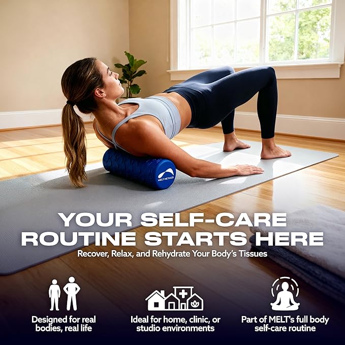 MELT Method 18 Inch Soft Travel Foam Roller w/FasciaTherapy - Low Density Travel Size Foam Roller for Physical Therapy, Muscle Recovery, Back Massage & Pilates - Half The Length of MELT Original