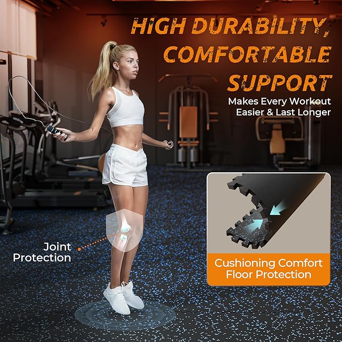 PRAISUN 0.6" Thicker Rubber Top Gym Flooring for Home Gym, 36 Pcs 144 Sq Ft Workout Mats, Exercise Mat, Interlocking Rubber Floor Mats with High Density EVA Foam for Garage, 24 x 24in, Black/Blue
