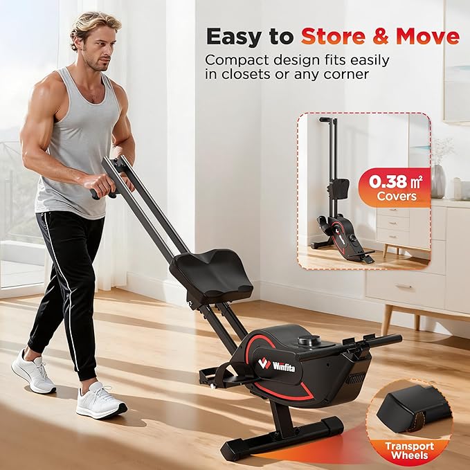 Rowing Machines for Home Use, Compact Rower Machine with 350 LBS Capacity,32-Level Self-Powered Resistance Knob with Real-Time Data Tracking, Dual Rail, Ergonomic Seat, App Support