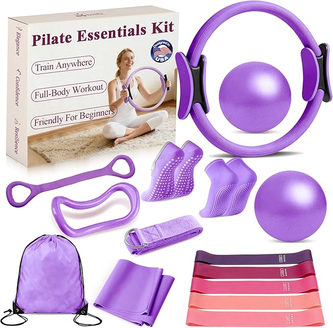 Pilates Ring and Small Ball Set for Women with 5 Resistance Bands, 14 inch Magic Circle Home Workout Essentials Starter Kit for Beginners, Yoga Sets for Full Body Toning Shape
