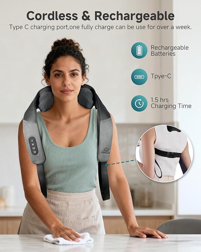 Snailax Shiatsu Neck Massager for Pain Relief Deep Tissue Cordless Kneading Shoulder Massage with Heat Graphene Heating Rechargable, 4D Roller Neck Back Massage, Gift for Mom Dad
