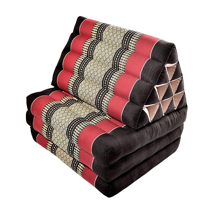 Zafuko Three-Fold Thai Cushion - Black/Red - Organic Water-Resistant Kapok Filling, Multi use Including meditaiton, Lounging, Reading, Stretching.