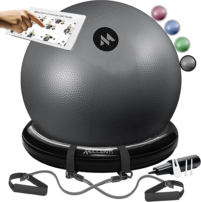 Millenti Exercise Ball Chair 65cm - Yoga Ball Chair Stability Base Ring Kit & Fitness Resistance Bands For Home, Gym Bundle, Pilates Ball, Office Chair, Birthing Ball For Pregnancy - With Workout Chart
