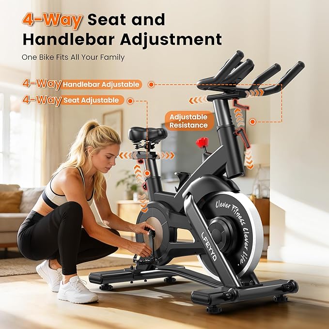 Exercise Bike for Home, Quiet Adjustable Magnetic Stationary Bike for Home Cardio with App Compatible, Spin Bike with 400 lbs Capacity, Spinning Bike with Heart Rate Monitor,Comfort Seat/Alloy Pedals/LCD Monitor