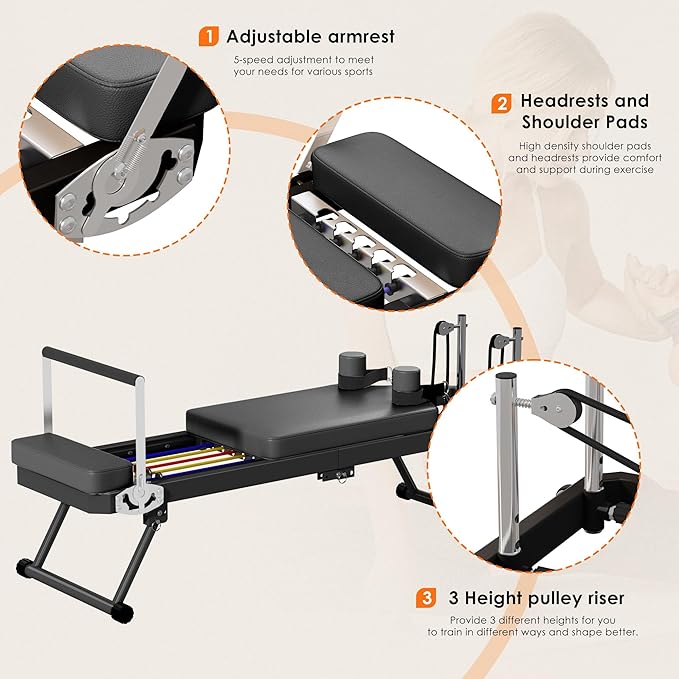 Foldable Pilates Reformer Machine for Home Use - 330lbs Capacity with 5 Alloy Springs, 11 Resistance Levels & UP Leather Surface, Space-Saving Fitness Equipment