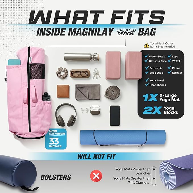 MAGNILAY Yoga Mat Bag - for Women and Men, Yoga Mat Carrier, Fits Mats Blocks and Accessories for Workouts, (32”L)