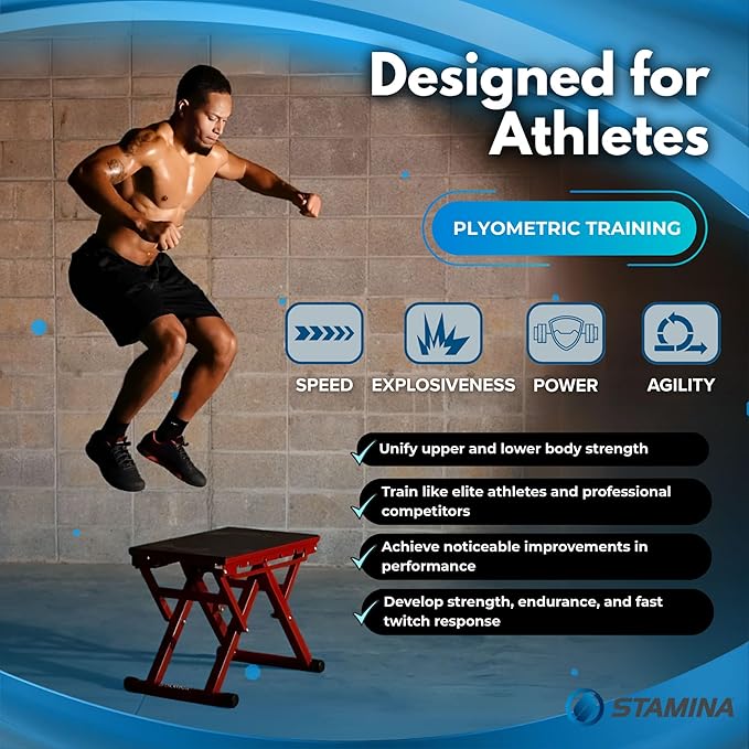 Stamina X 12" to 24" Adjustable Height Plyo Step Up Exercise Box For Home Workout with Access to Muuv, Non-Slip Surface and Workout Guide, Black/Red