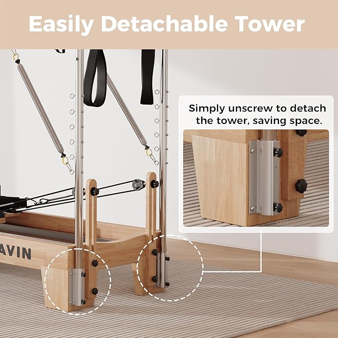 DELAVIN Pilates Reformer with Tower, Pilates Machines with Springs, Sitting Box, Jump Board and Accessories, Solid Wooden Pilates Equipment for Studio, Gym and Home Workout (FBA)